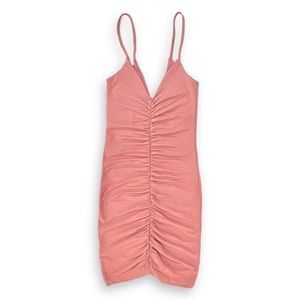 NWT pink stretch jersey mini dress with ruching and spaghetti straps (small)